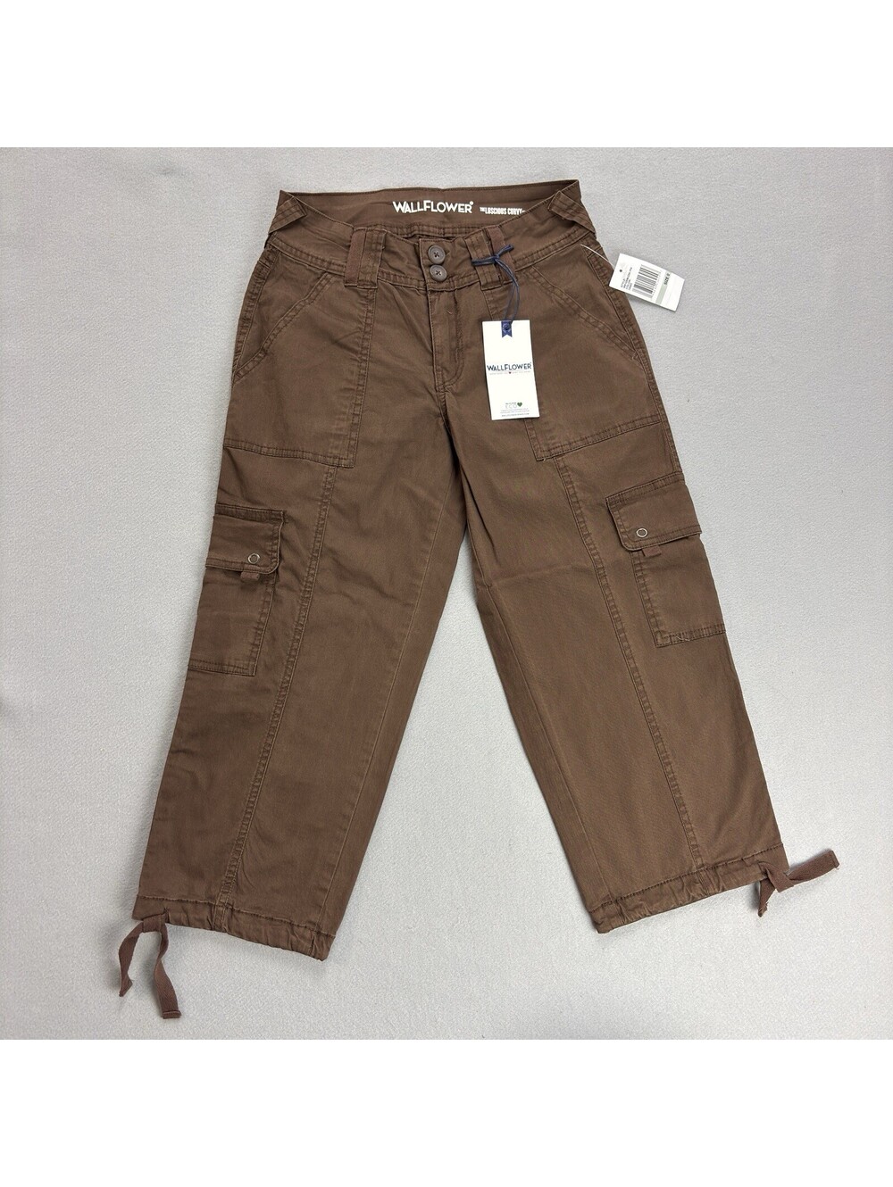 Wallflower Luscious Curvy Fit Cargo Crop Pants Khaki Drawstring Hem Size 0 Brown